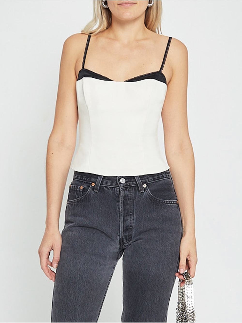 Few Moda White Corset-Style Cami Top with Black Lace Trim